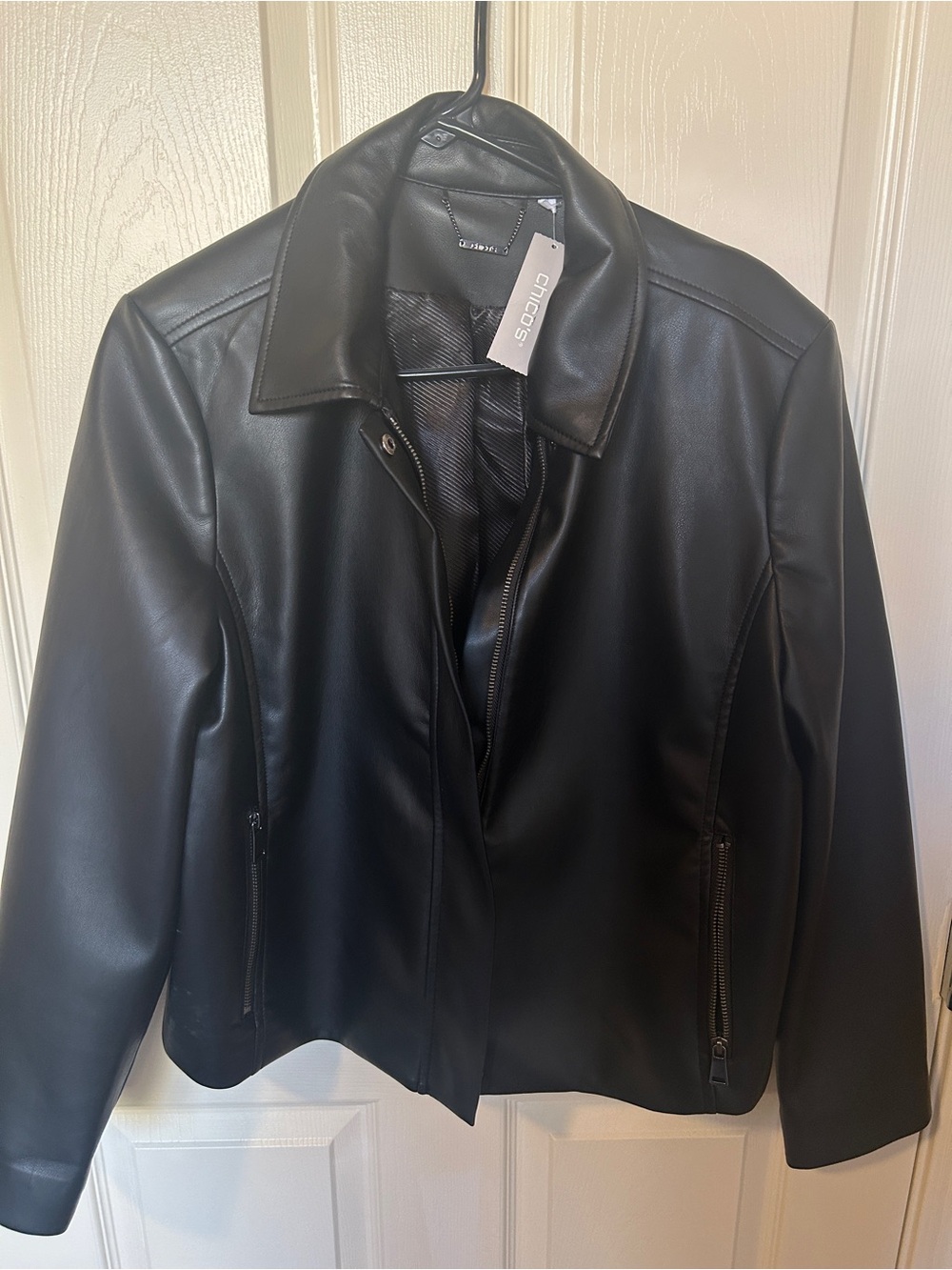 Chico's Black Faux Leather Zip Jacket with Collar Size 2/Large